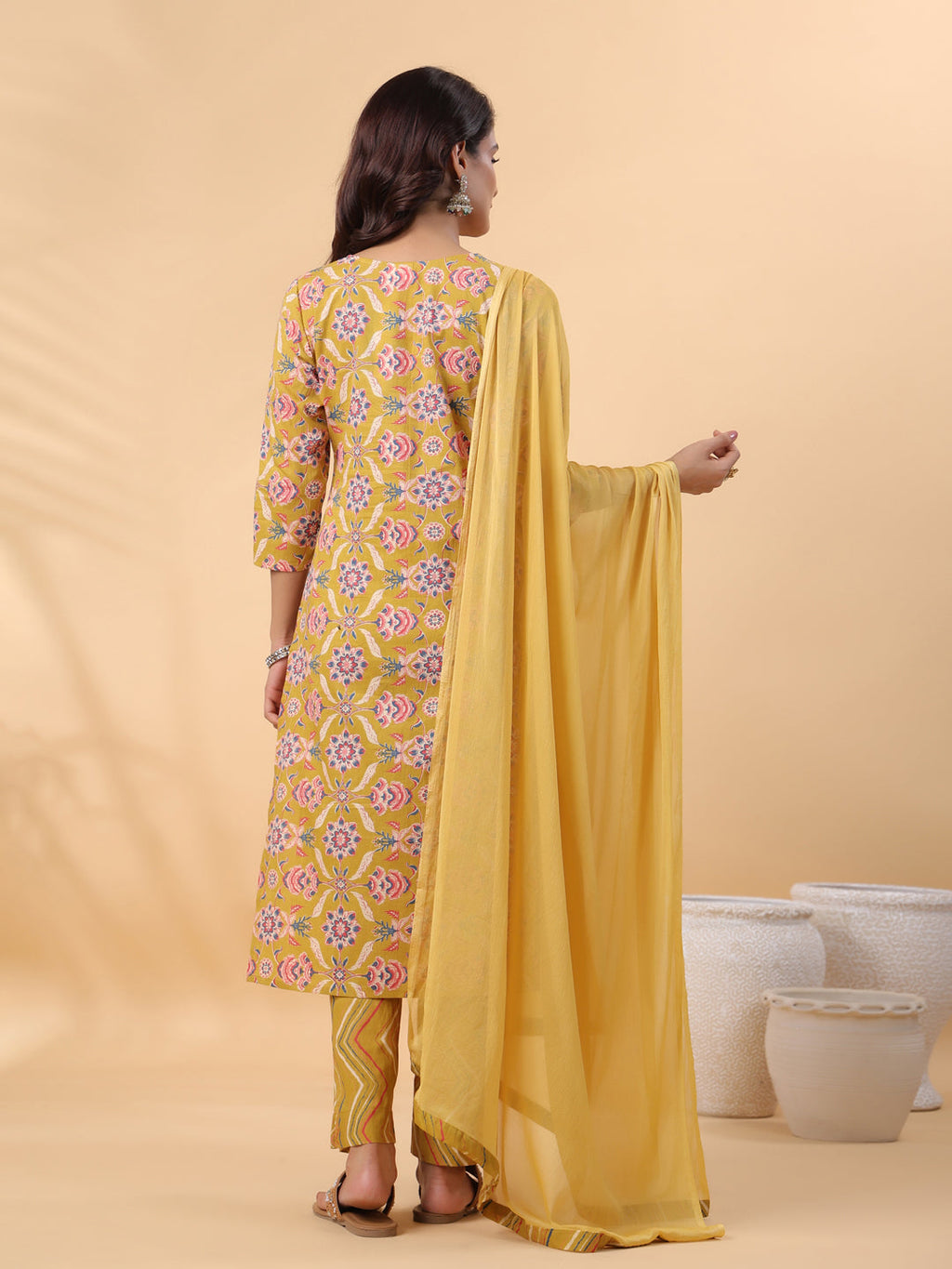 Janasya Straight Cambric Mustard Floral V-Neck Kurta,Bottom & Dupatta | Grocsy