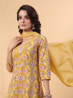 Janasya Straight Cambric Mustard Floral V-Neck Kurta,Bottom & Dupatta | Grocsy