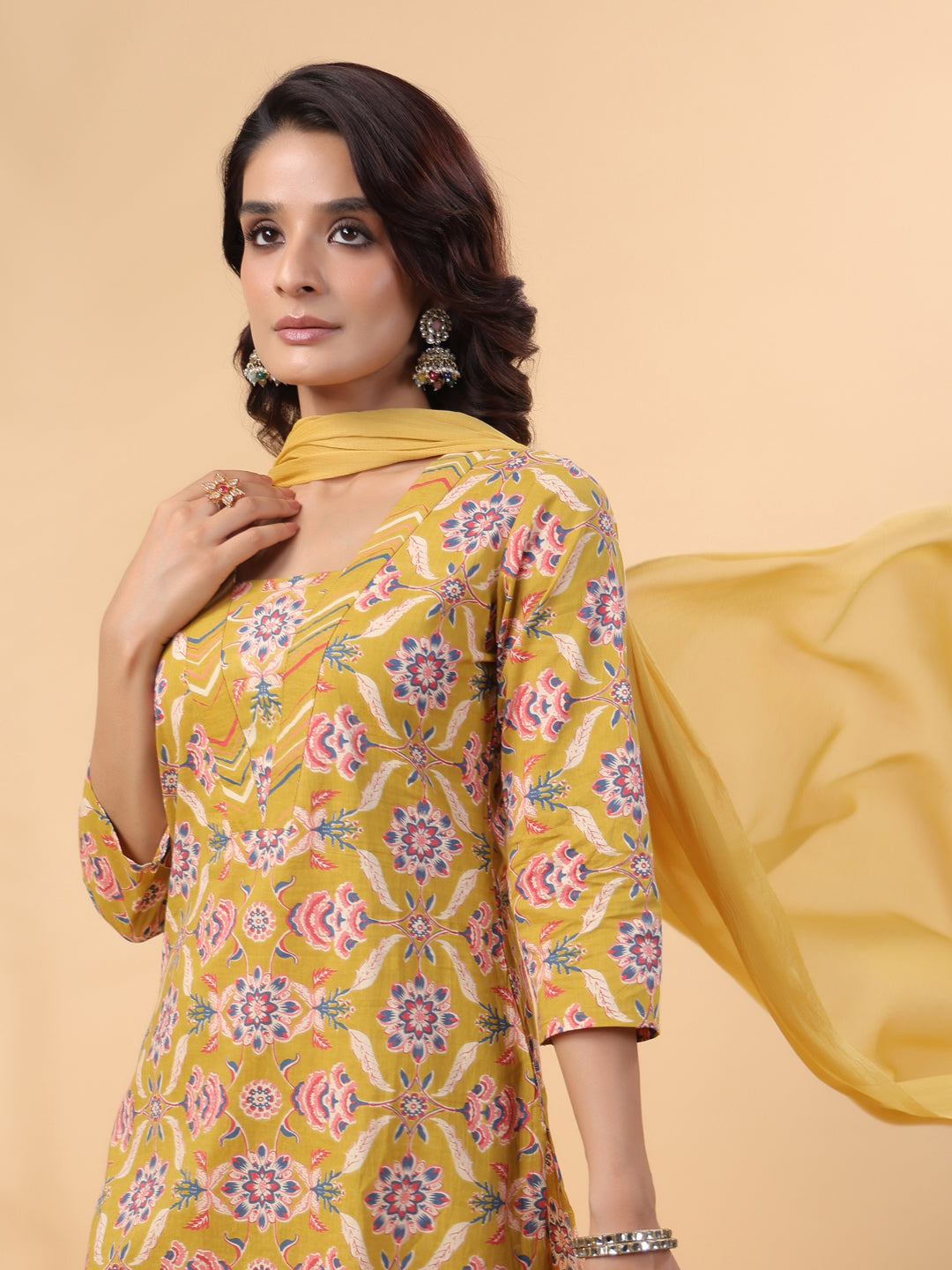 Janasya Straight Cambric Mustard Floral V-Neck Kurta,Bottom & Dupatta | Grocsy