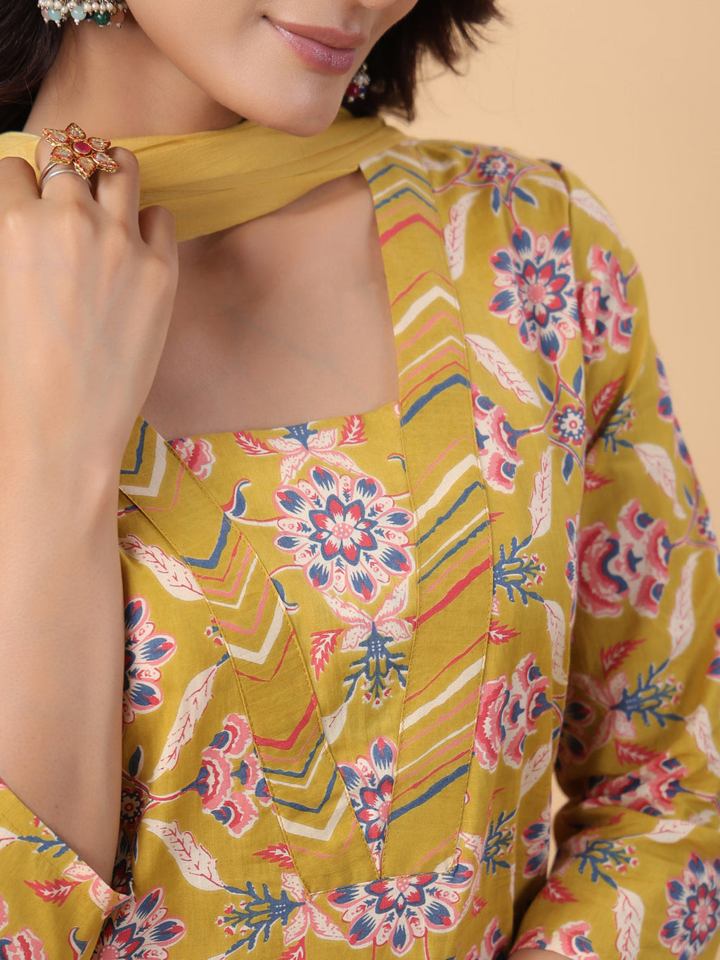 Janasya Straight Cambric Mustard Floral V-Neck Kurta,Bottom & Dupatta | Grocsy