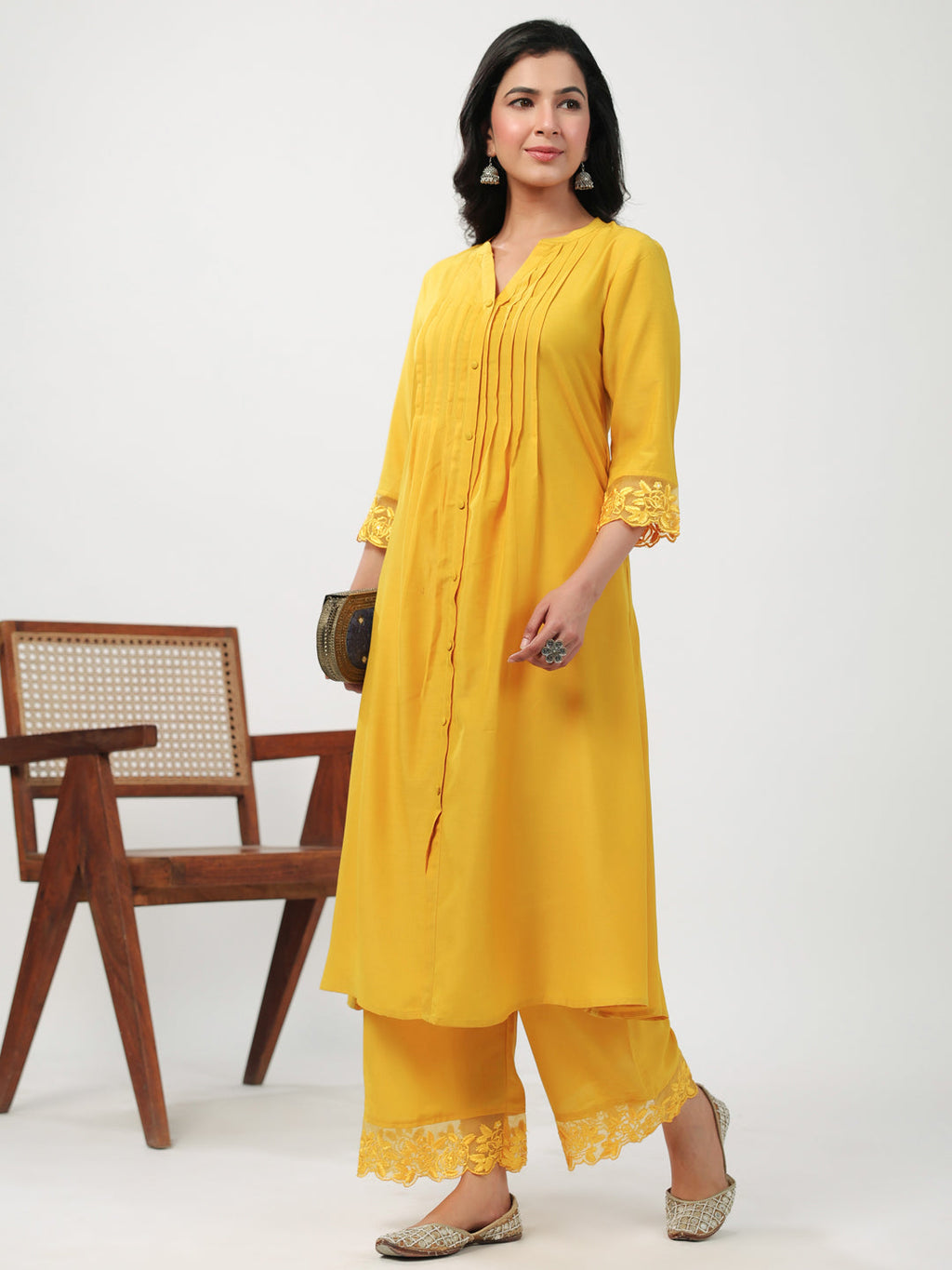 Janasya A-Line Muslin Yellow Embroidered V-Neck with Band Collar Kurta & Bottom | Grocsy