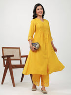 Janasya A-Line Muslin Yellow Embroidered V-Neck with Band Collar Kurta & Bottom | Grocsy