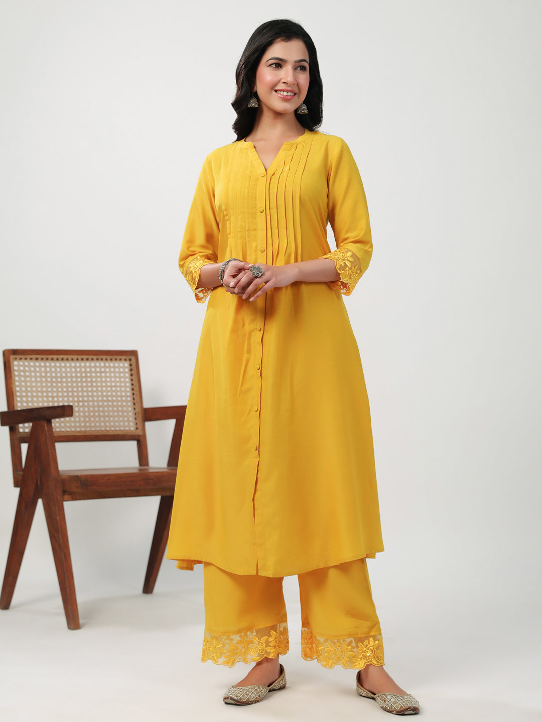 Janasya A-Line Muslin Yellow Embroidered V-Neck with Band Collar Kurta & Bottom | Grocsy