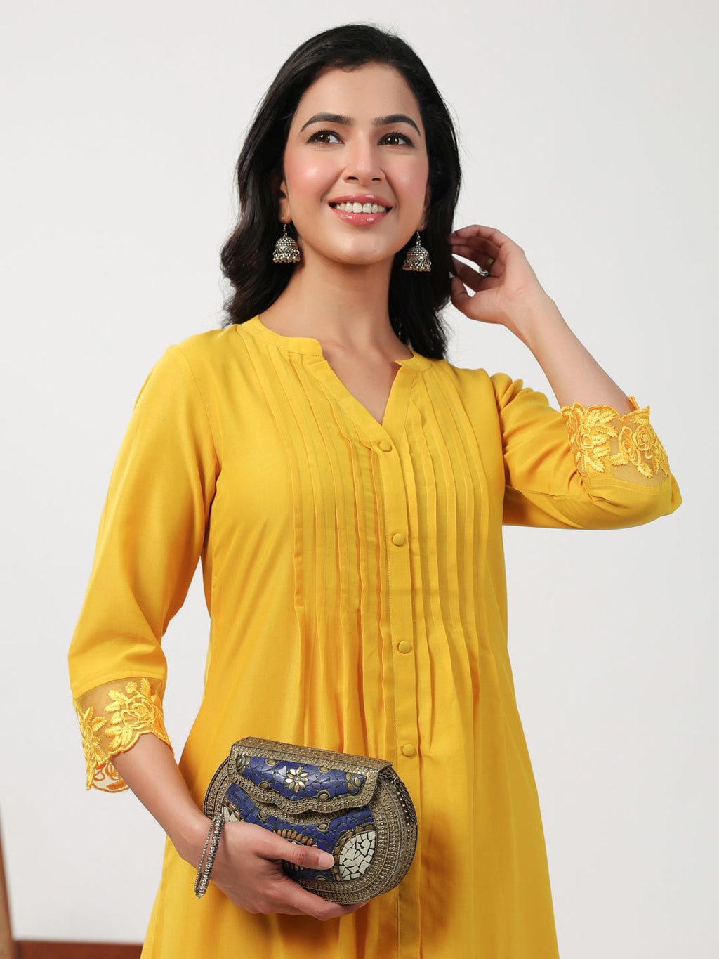 Janasya A-Line Muslin Yellow Embroidered V-Neck with Band Collar Kurta & Bottom | Grocsy