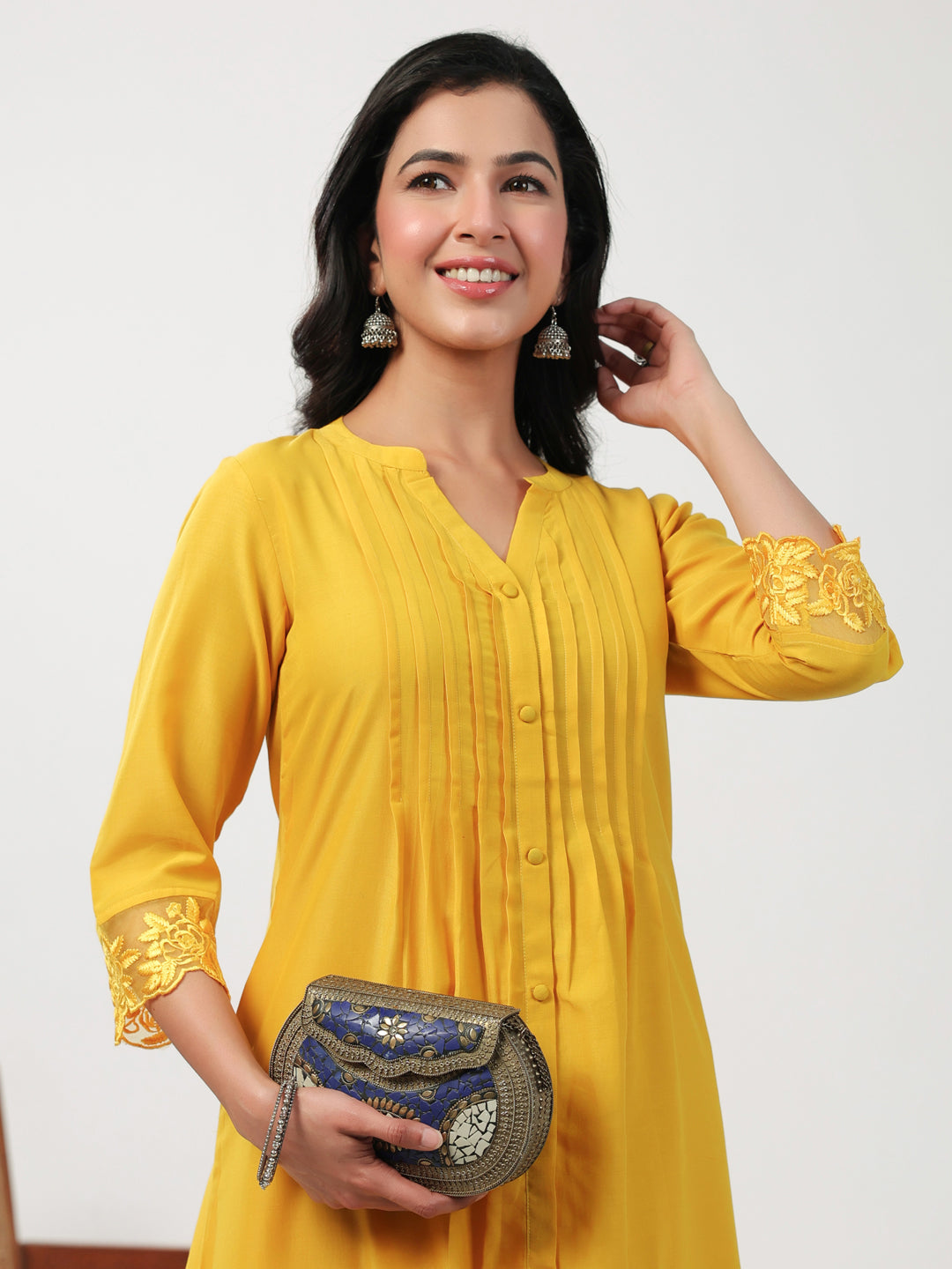 Janasya A-Line Muslin Yellow Embroidered V-Neck with Band Collar Kurta & Bottom | Grocsy