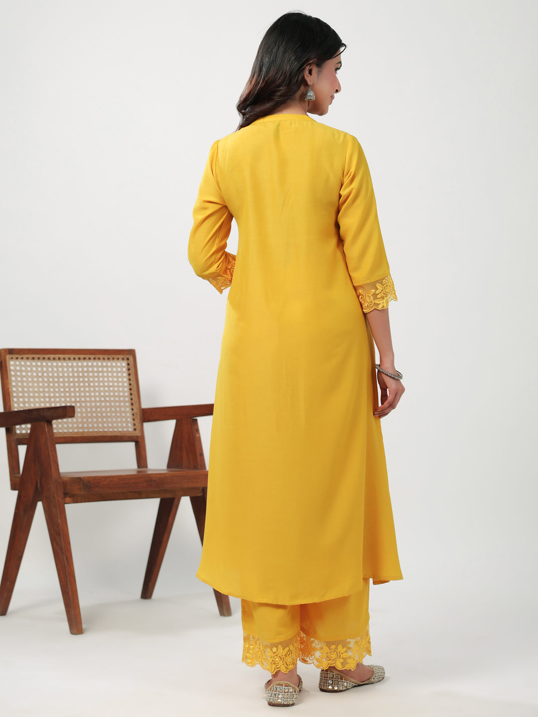 Janasya A-Line Muslin Yellow Embroidered V-Neck with Band Collar Kurta & Bottom | Grocsy