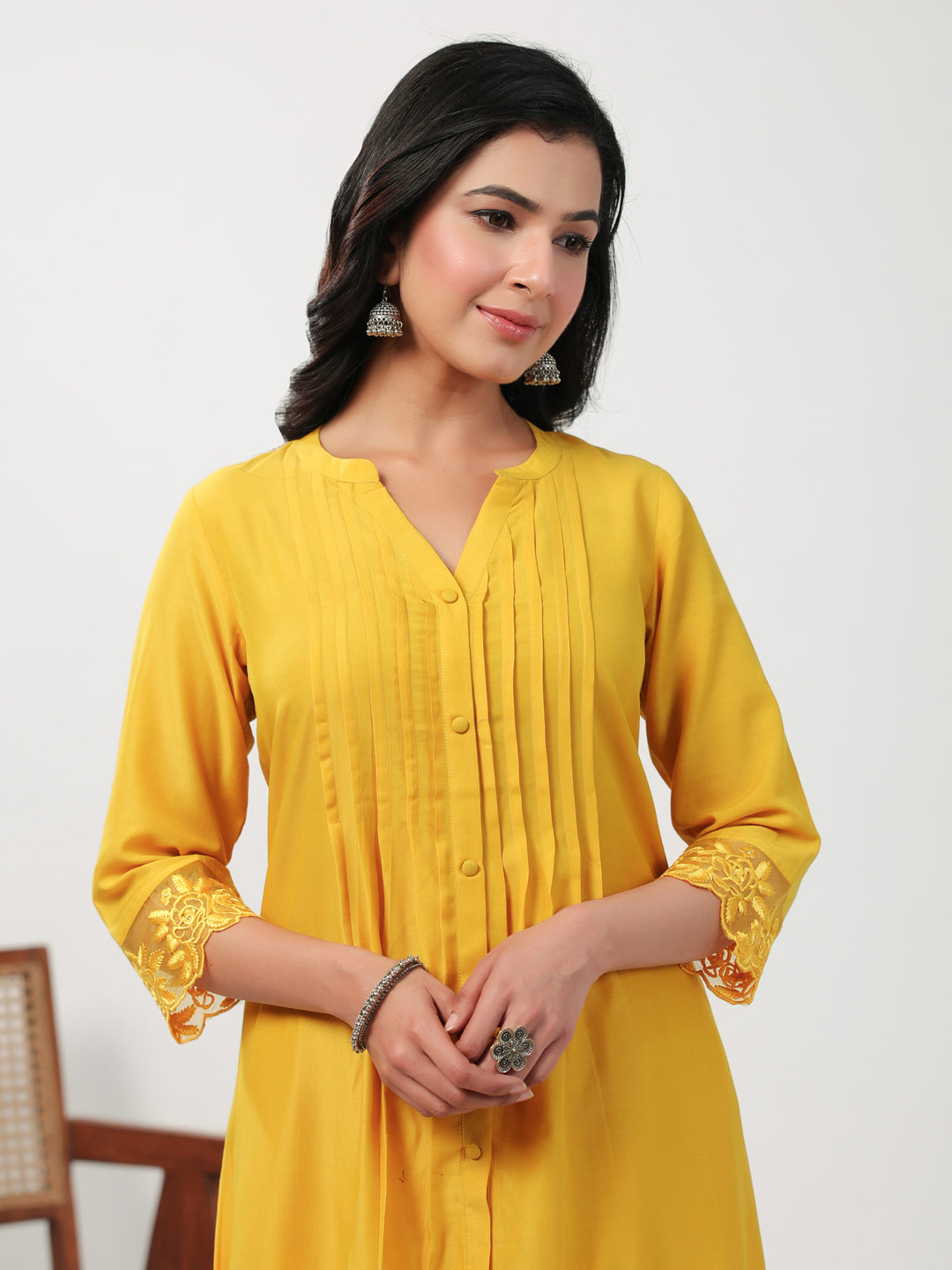 Janasya A-Line Muslin Yellow Embroidered V-Neck with Band Collar Kurta & Bottom | Grocsy