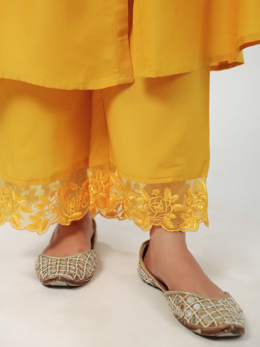 Janasya A-Line Muslin Yellow Embroidered V-Neck with Band Collar Kurta & Bottom | Grocsy