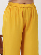 Janasya A-Line Muslin Yellow Embroidered V-Neck with Band Collar Kurta & Bottom | Grocsy