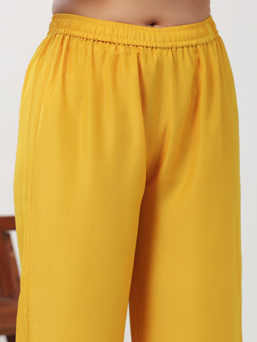 Janasya A-Line Muslin Yellow Embroidered V-Neck with Band Collar Kurta & Bottom | Grocsy