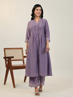 Janasya A-Line Muslin Lavender Solid V-Neck with Band Collar Kurta & Bottom | Grocsy