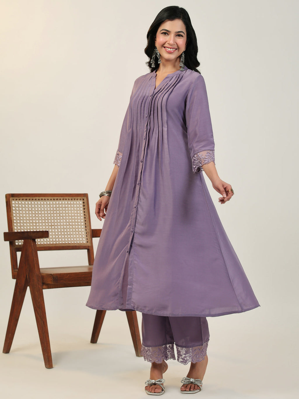 Janasya A-Line Muslin Lavender Solid V-Neck with Band Collar Kurta & Bottom | Grocsy