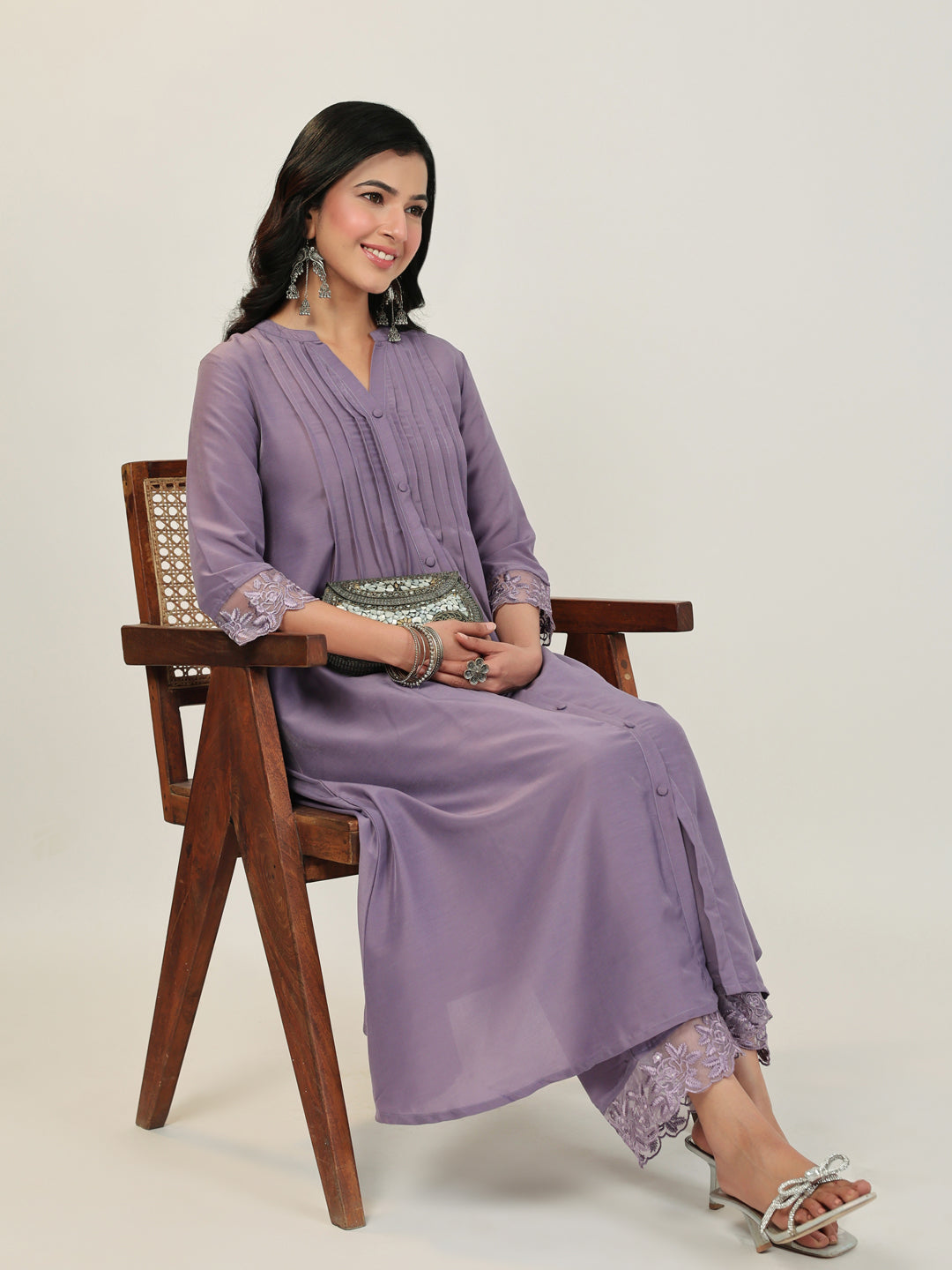 Janasya A-Line Muslin Lavender Solid V-Neck with Band Collar Kurta & Bottom | Grocsy