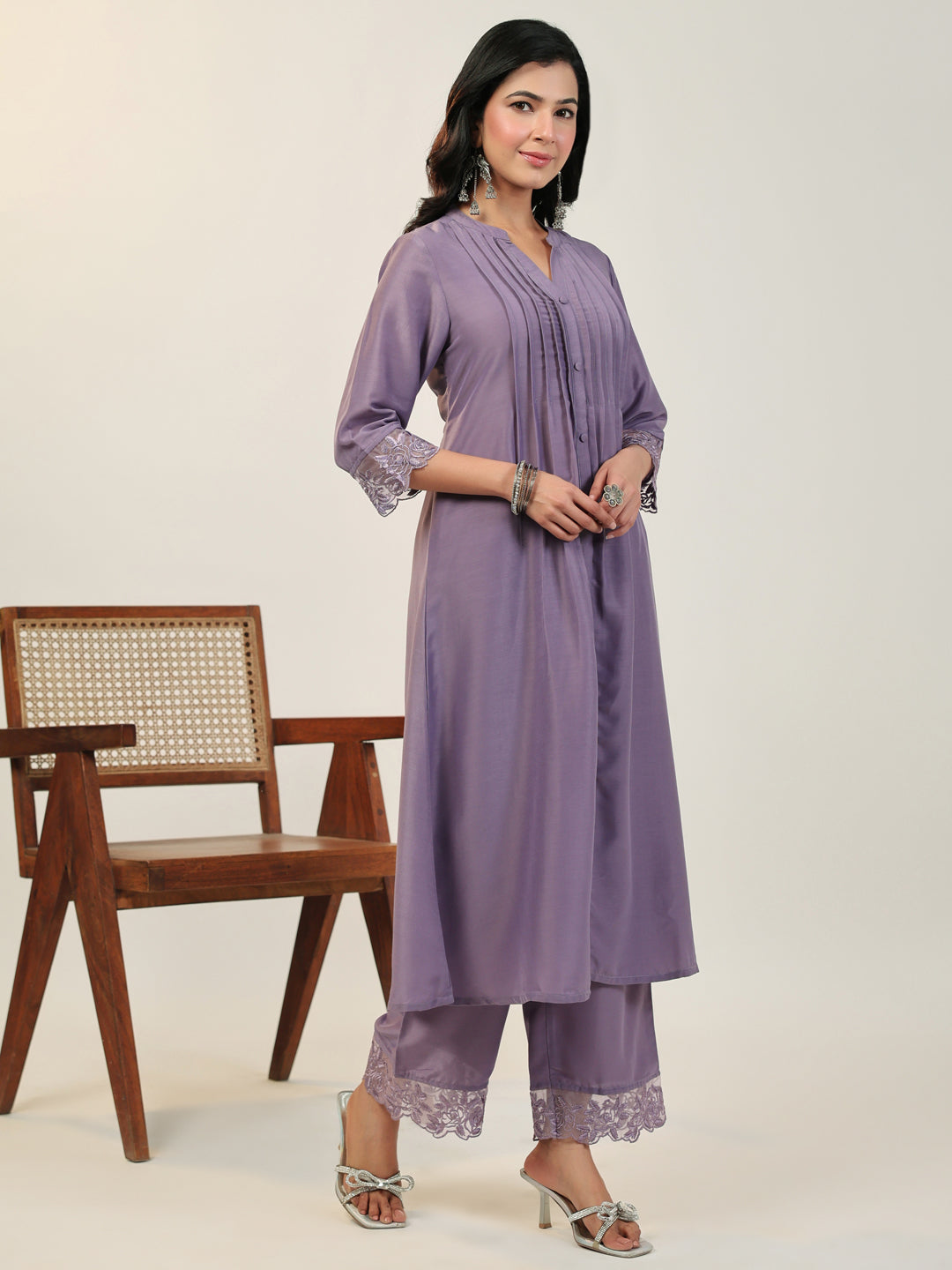 Janasya A-Line Muslin Lavender Solid V-Neck with Band Collar Kurta & Bottom | Grocsy