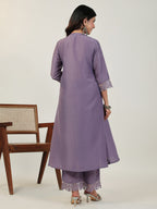 Janasya A-Line Muslin Lavender Solid V-Neck with Band Collar Kurta & Bottom | Grocsy
