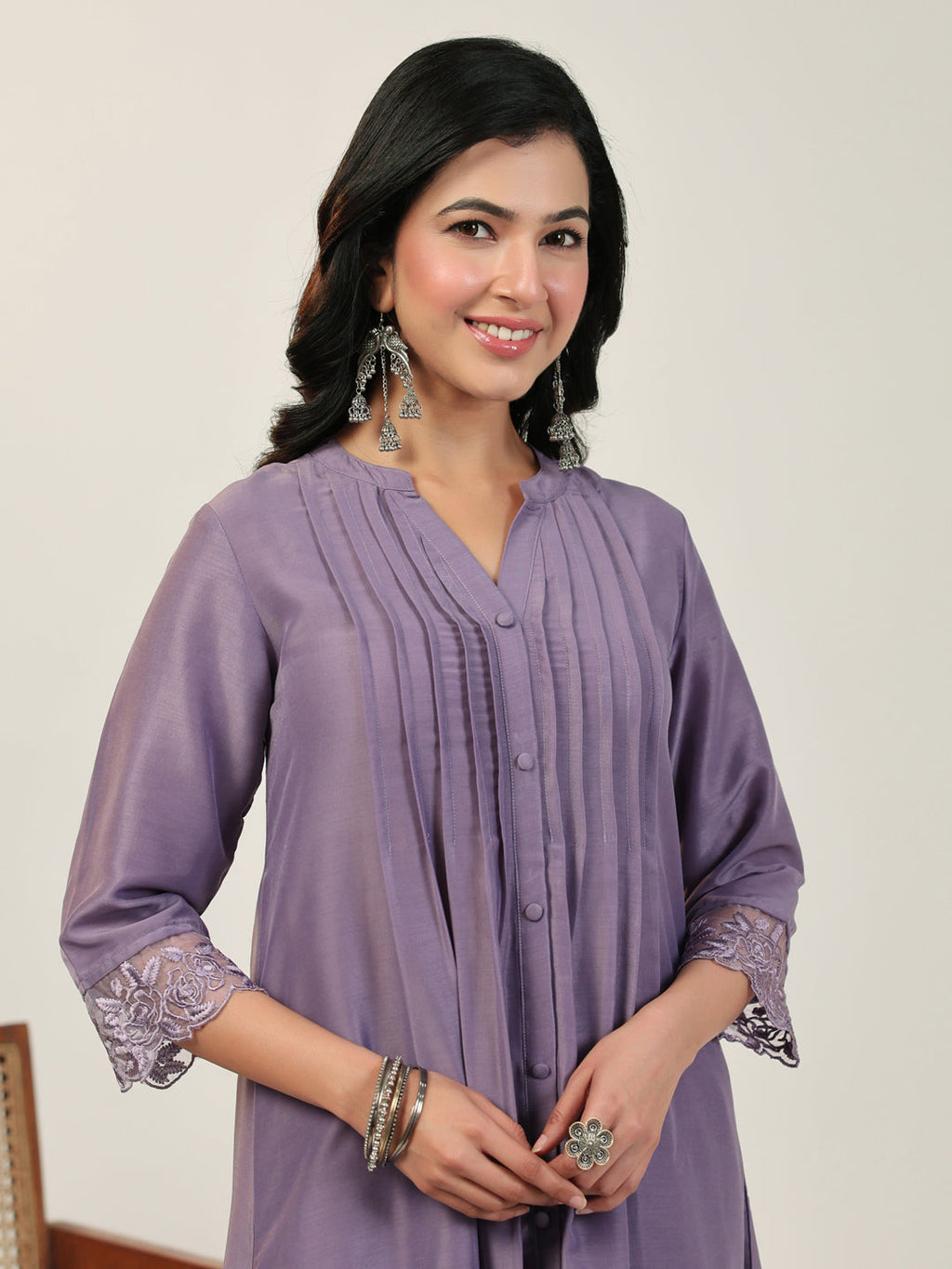 Janasya A-Line Muslin Lavender Solid V-Neck with Band Collar Kurta & Bottom | Grocsy