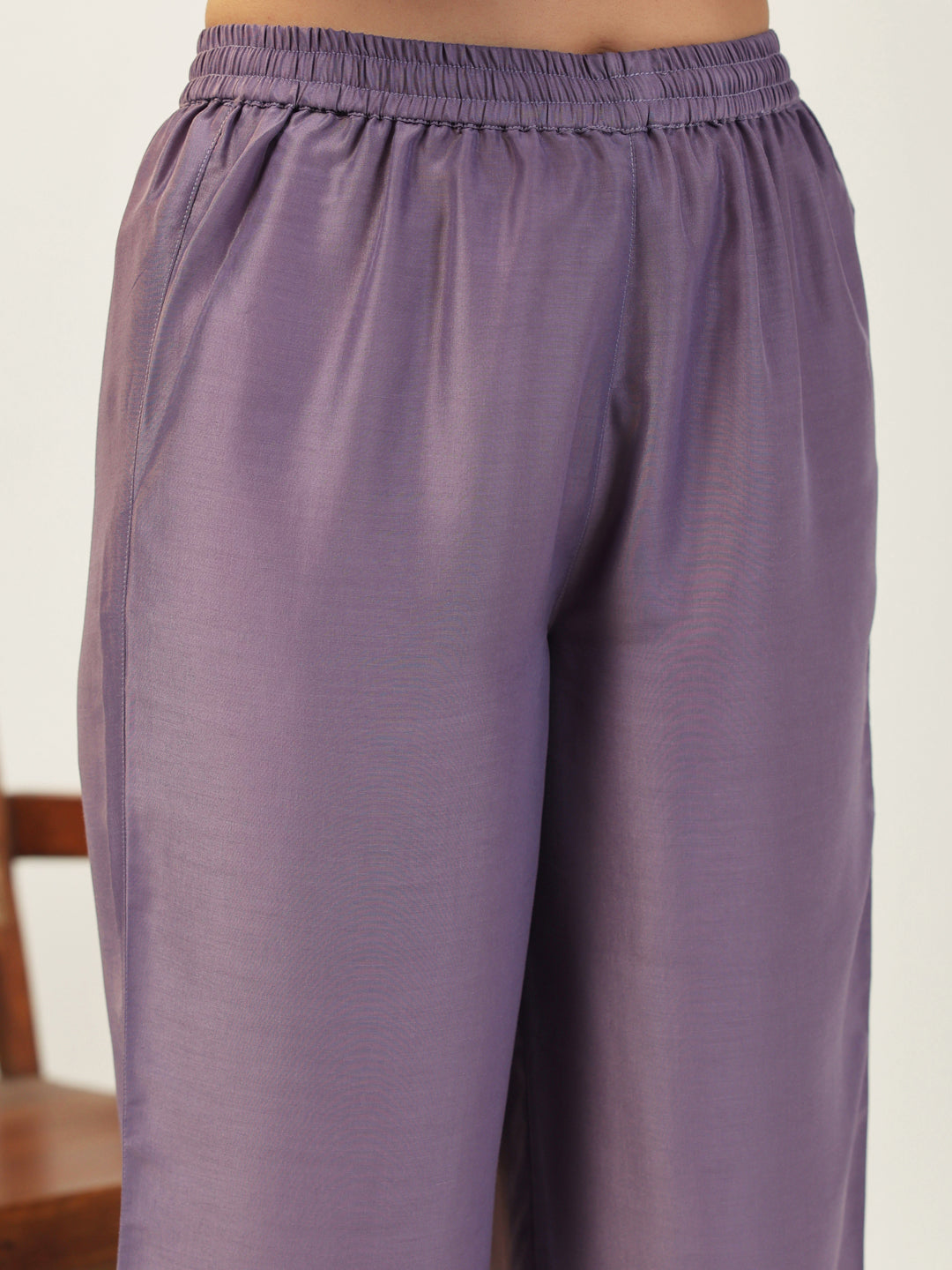 Janasya A-Line Muslin Lavender Solid V-Neck with Band Collar Kurta & Bottom | Grocsy