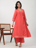 Janasya Angrakha Muslin Peach Solid V-Neck Kurta & Bottom | Grocsy