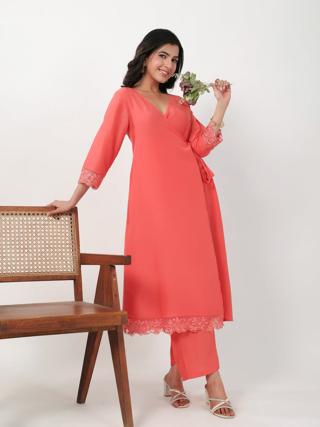 Janasya Angrakha Muslin Peach Solid V-Neck Kurta & Bottom | Grocsy
