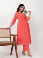 Janasya Angrakha Muslin Peach Solid V-Neck Kurta & Bottom | Grocsy