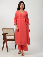 Janasya Angrakha Muslin Peach Solid V-Neck Kurta & Bottom | Grocsy