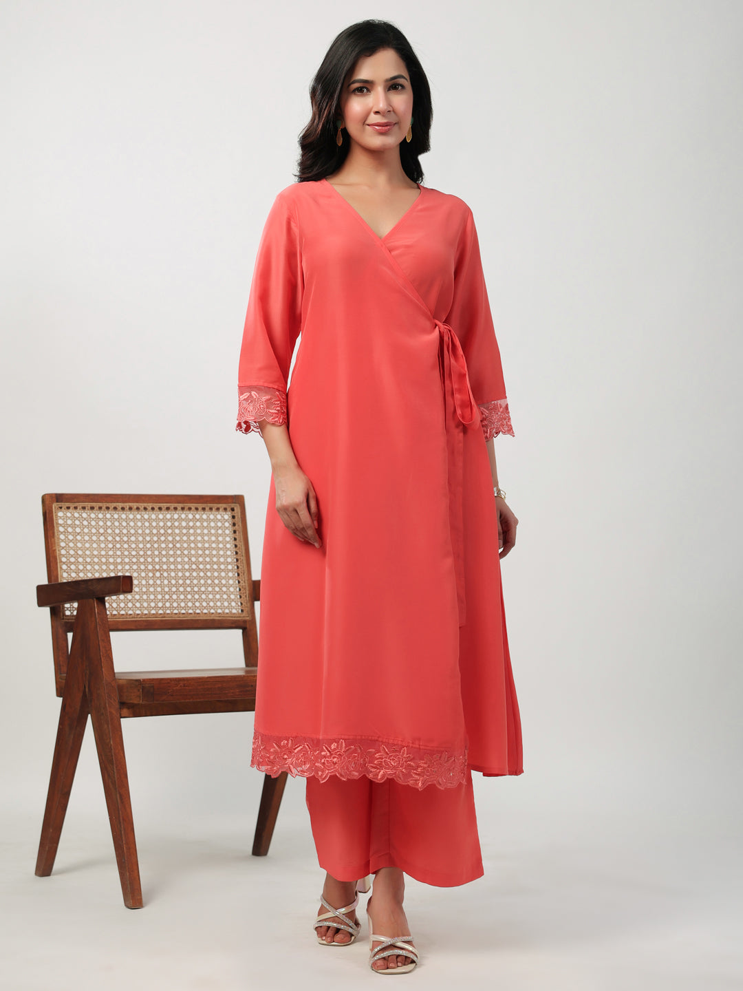 Janasya Angrakha Muslin Peach Solid V-Neck Kurta & Bottom | Grocsy