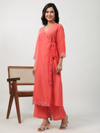 Janasya Angrakha Muslin Peach Solid V-Neck Kurta & Bottom | Grocsy