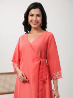 Janasya Angrakha Muslin Peach Solid V-Neck Kurta & Bottom | Grocsy