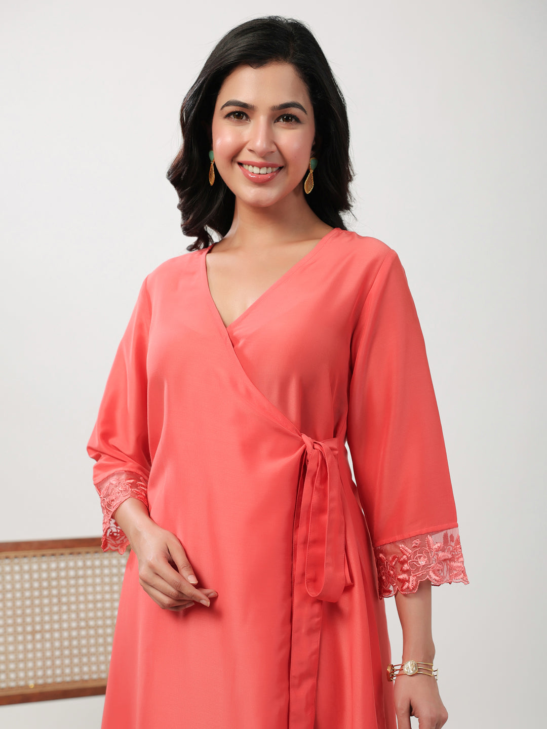 Janasya Angrakha Muslin Peach Solid V-Neck Kurta & Bottom | Grocsy