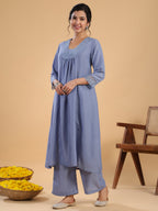 Janasya Gathering Muslin Blue Solid V-Neck Set | Grocsy