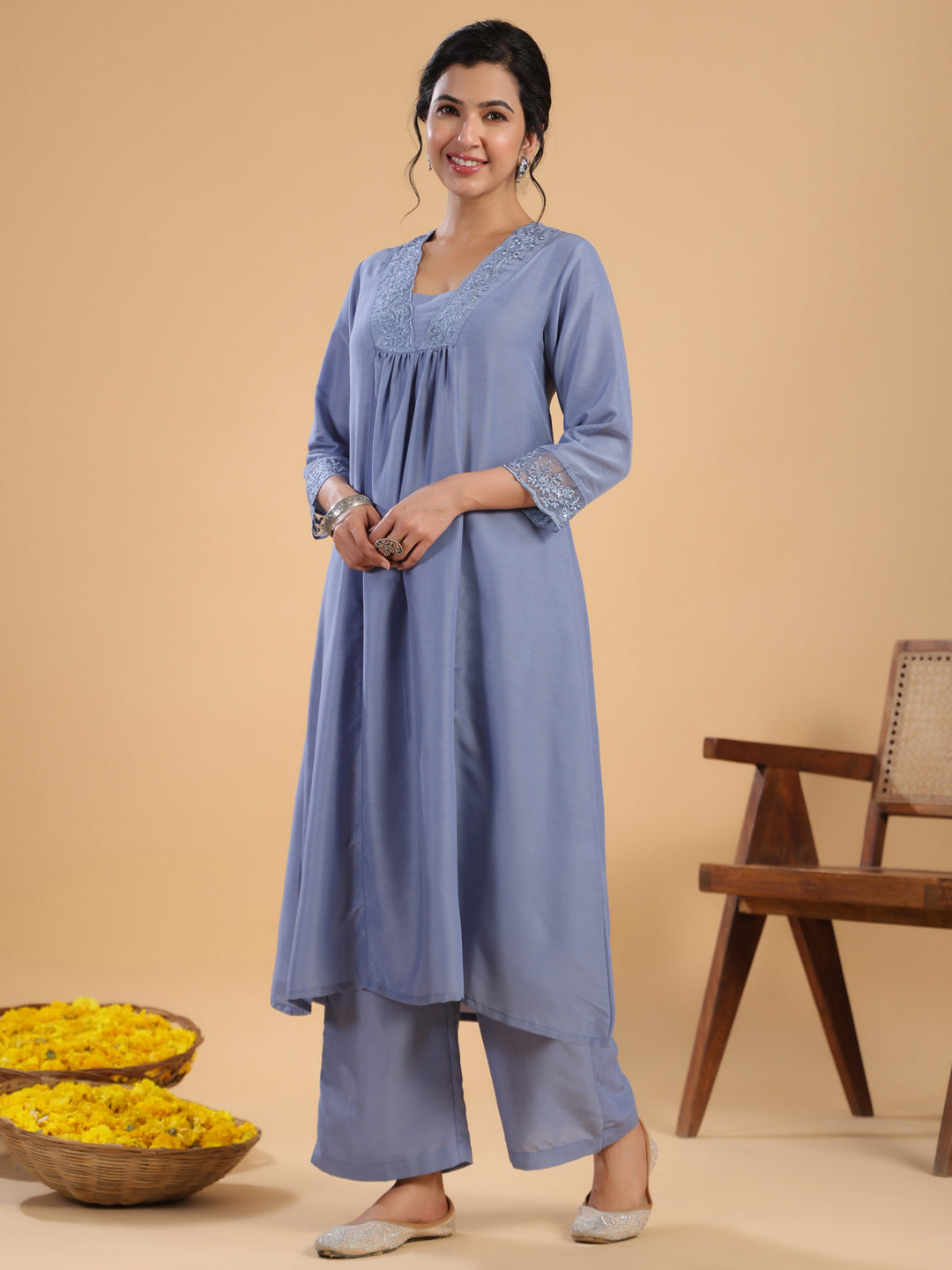 Janasya Gathering Muslin Blue Solid V-Neck Set | Grocsy