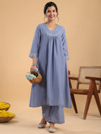 Janasya Gathering Muslin Blue Solid V-Neck Set | Grocsy