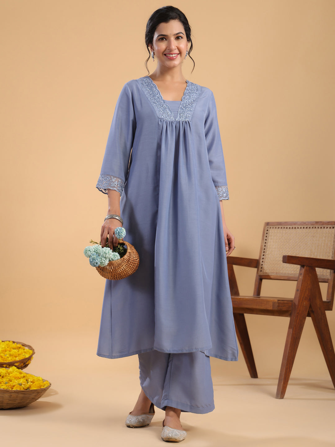 Janasya Gathering Muslin Blue Solid V-Neck Set | Grocsy