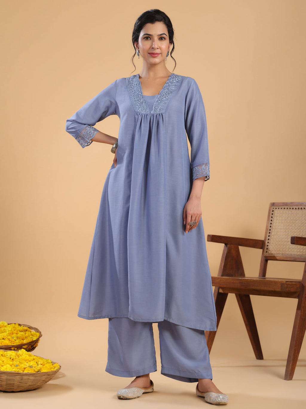Janasya Gathering Muslin Blue Solid V-Neck Set | Grocsy