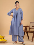 Janasya Gathering Muslin Blue Solid V-Neck Set | Grocsy