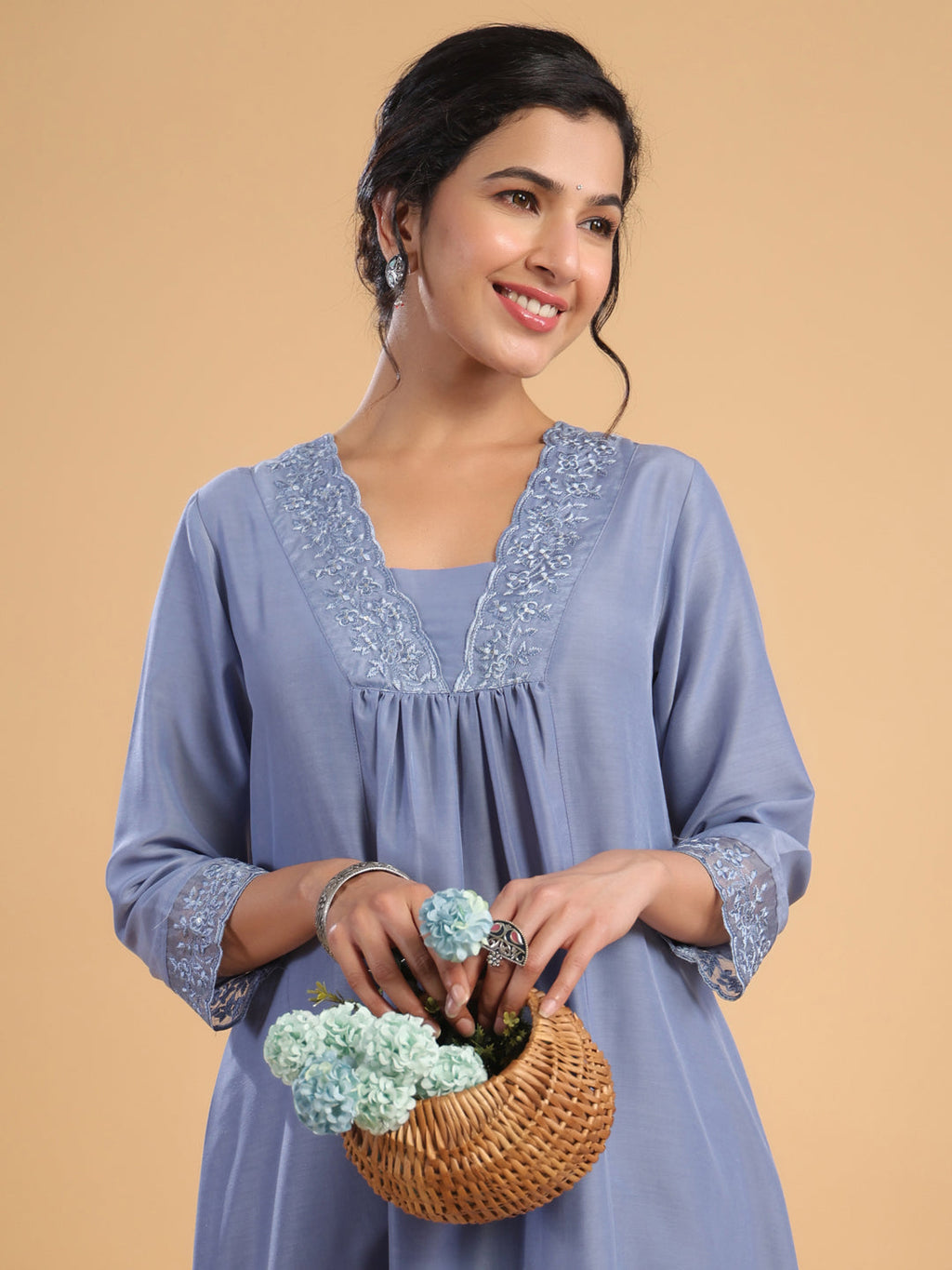 Janasya Gathering Muslin Blue Solid V-Neck Set | Grocsy