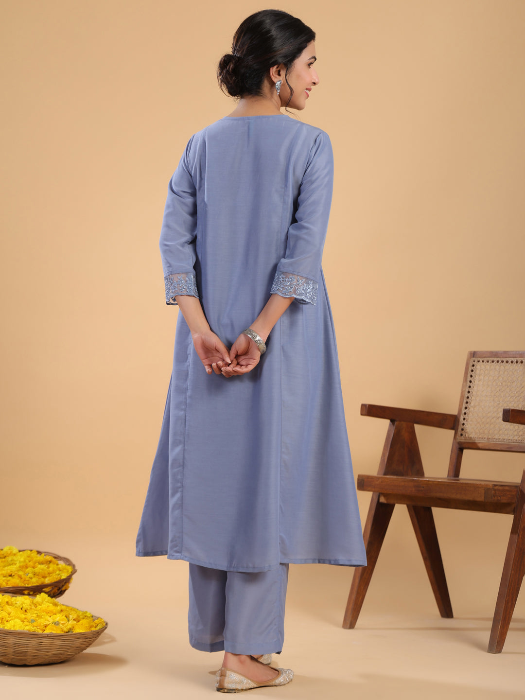 Janasya Gathering Muslin Blue Solid V-Neck Set | Grocsy