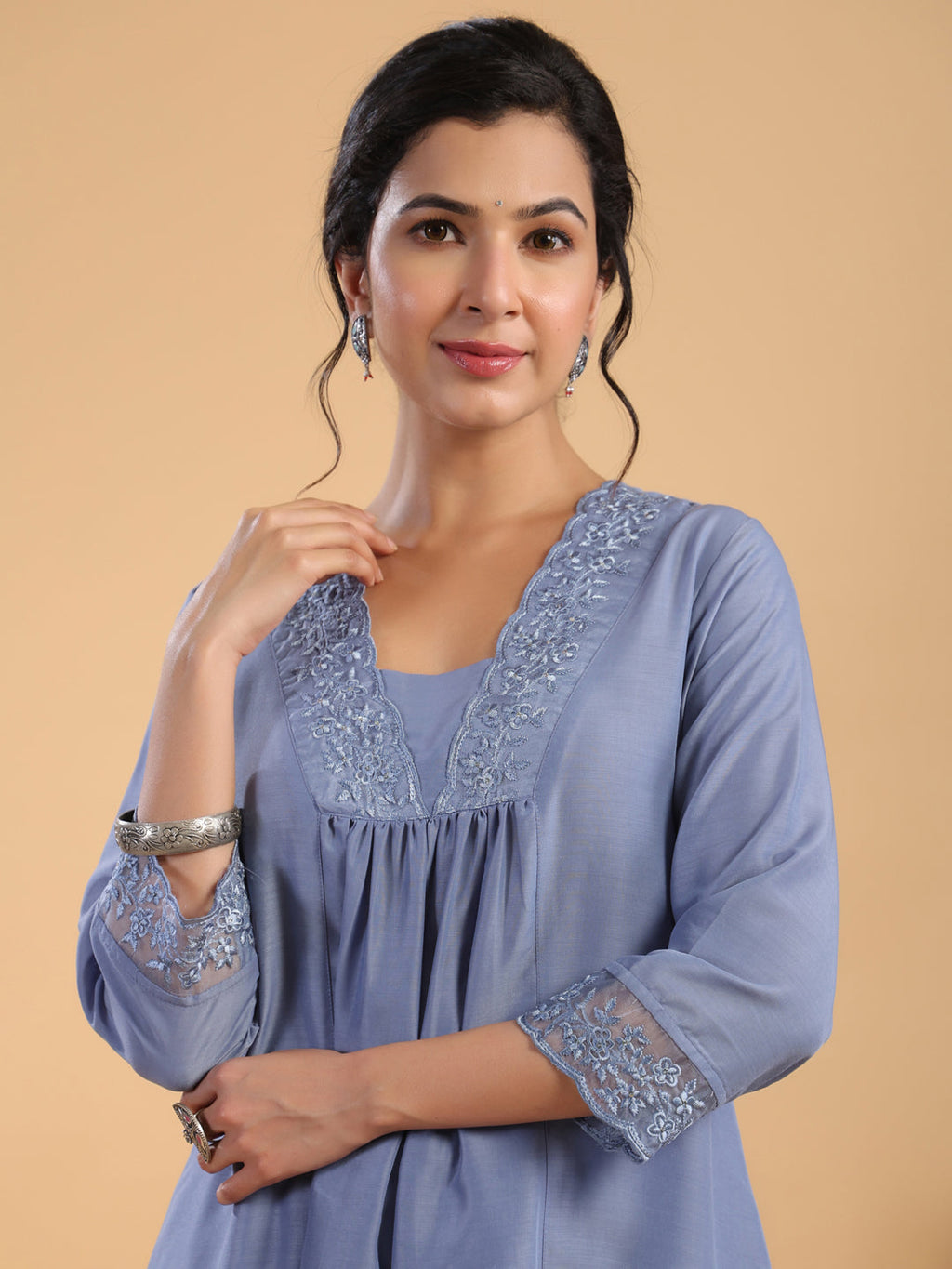 Janasya Gathering Muslin Blue Solid V-Neck Set | Grocsy