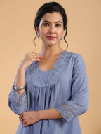 Janasya Gathering Muslin Blue Solid V-Neck Set | Grocsy