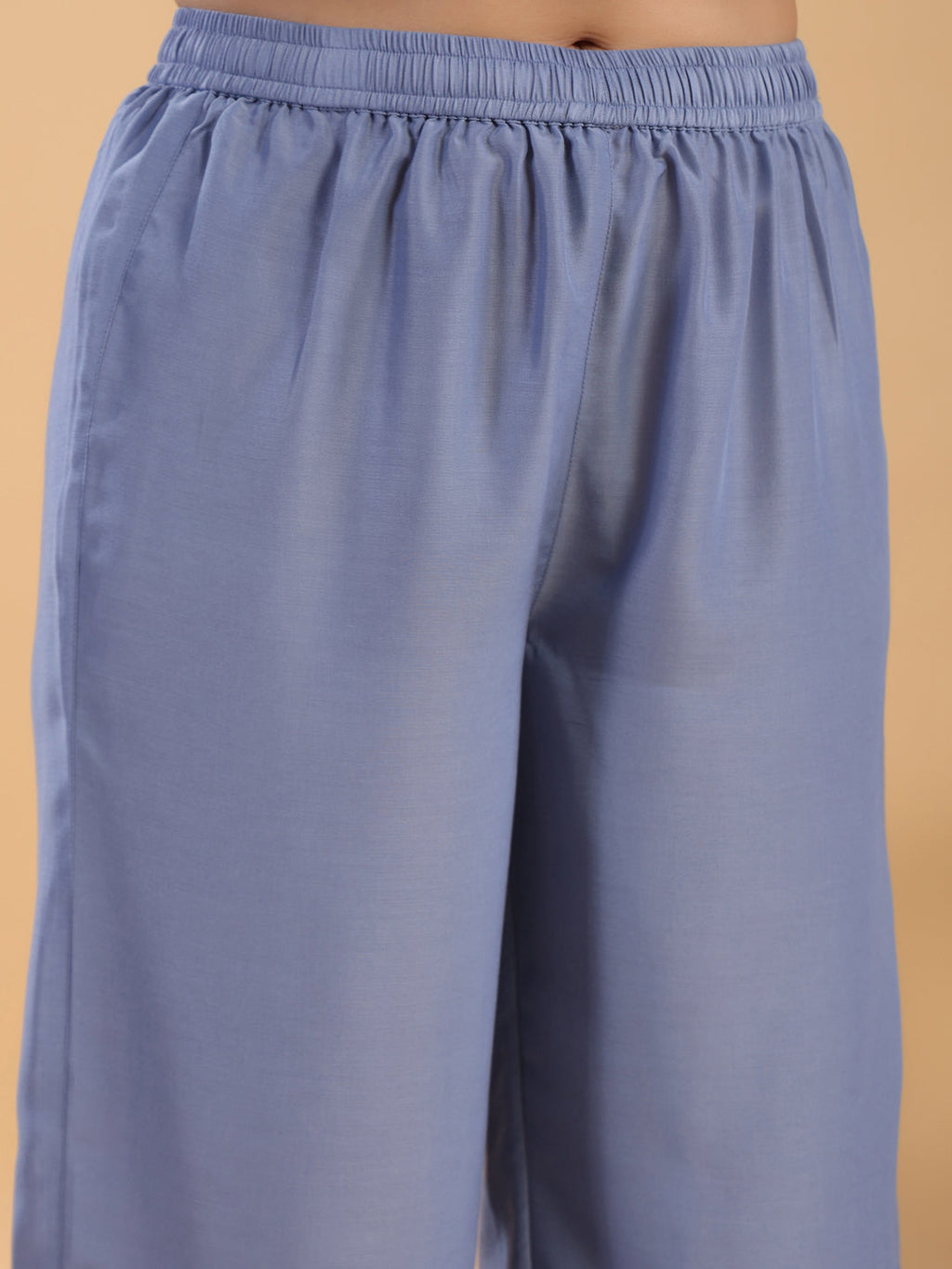 Janasya Gathering Muslin Blue Solid V-Neck Set | Grocsy