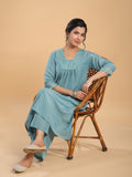 Janasya Gathering Muslin Sage Yoke Embroidery V-Neck Kurta Set | Grocsy