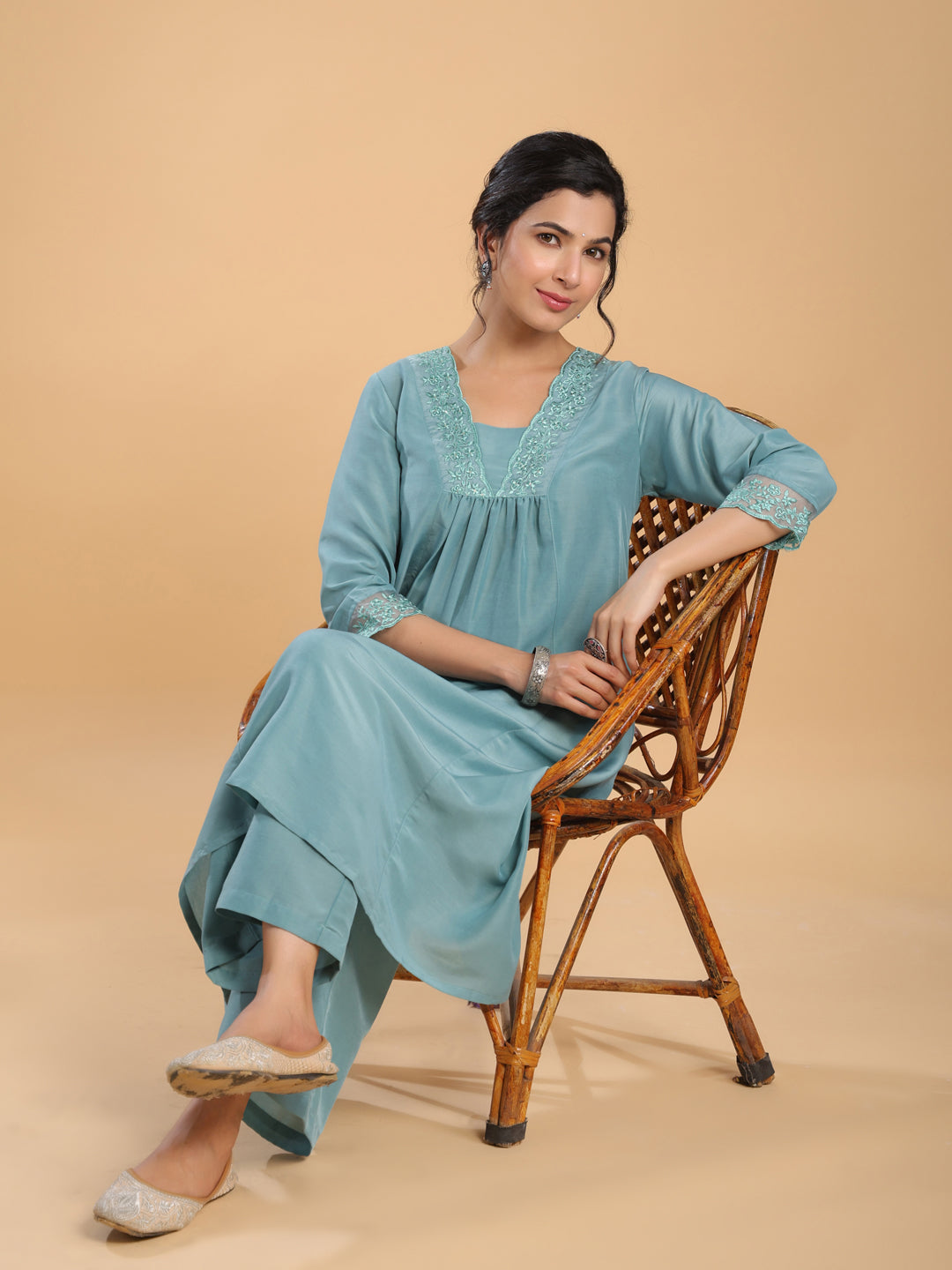 Janasya Gathering Muslin Sage Yoke Embroidery V-Neck Kurta Set | Grocsy