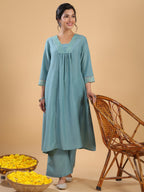 Janasya Gathering Muslin Sage Yoke Embroidery V-Neck Kurta Set | Grocsy