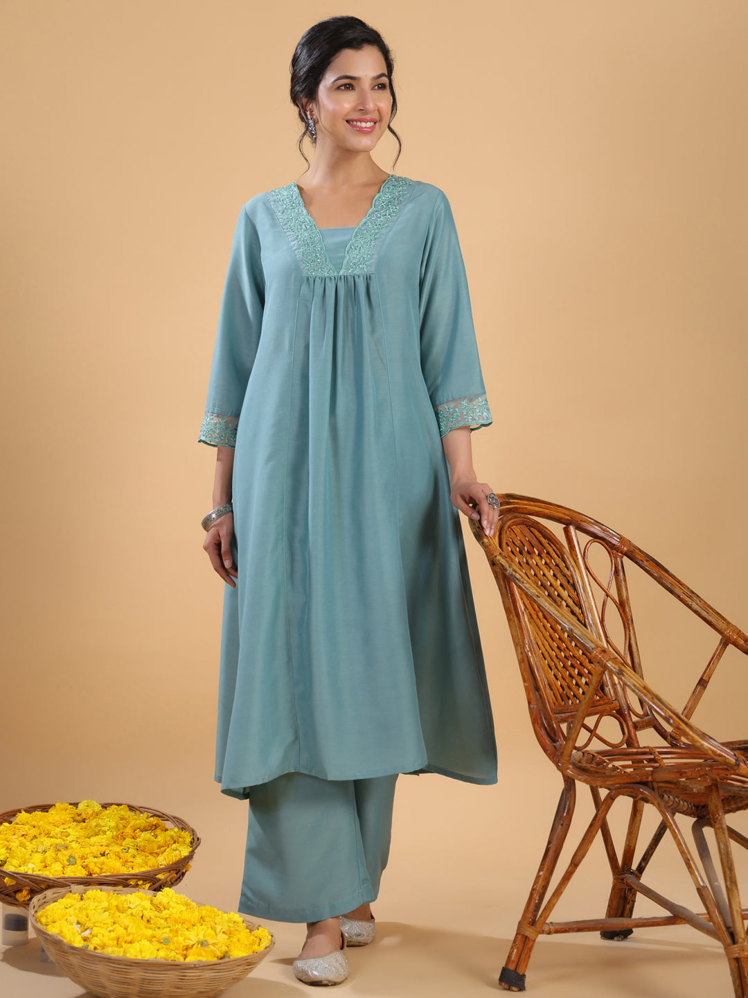 Janasya Gathering Muslin Sage Yoke Embroidery V-Neck Kurta Set | Grocsy