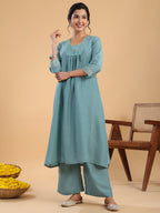 Janasya Gathering Muslin Sage Yoke Embroidery V-Neck Kurta Set | Grocsy