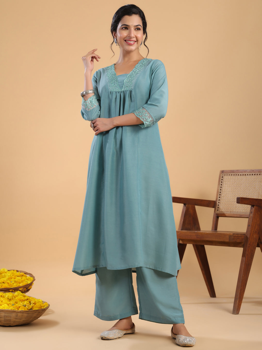 Janasya Gathering Muslin Sage Yoke Embroidery V-Neck Kurta Set | Grocsy