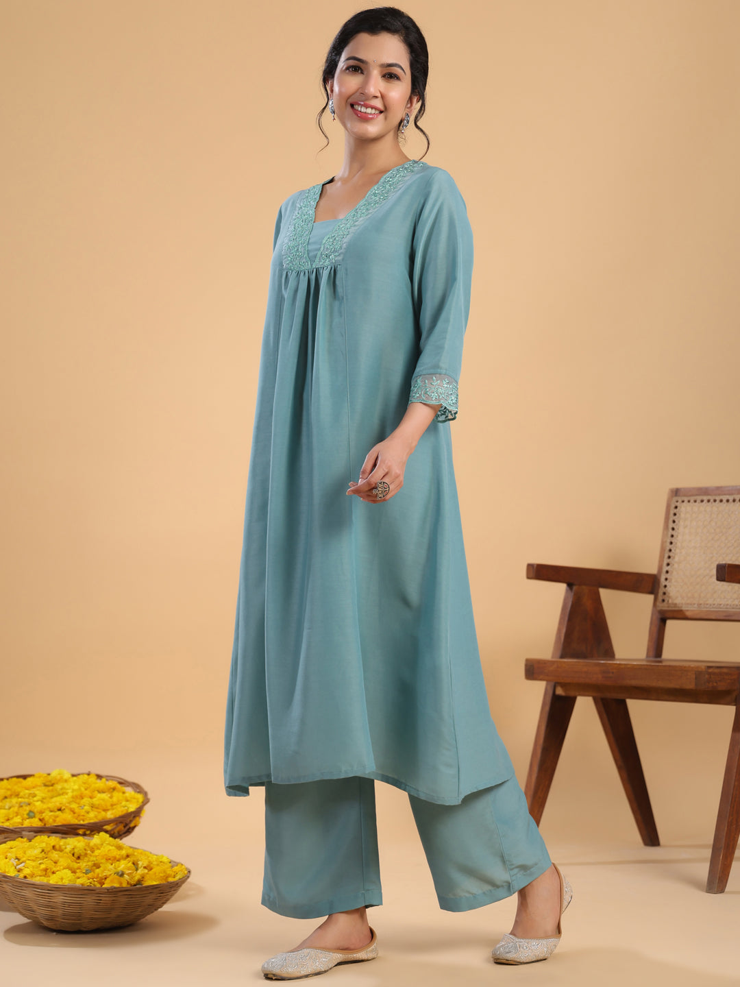 Janasya Gathering Muslin Sage Yoke Embroidery V-Neck Kurta Set | Grocsy