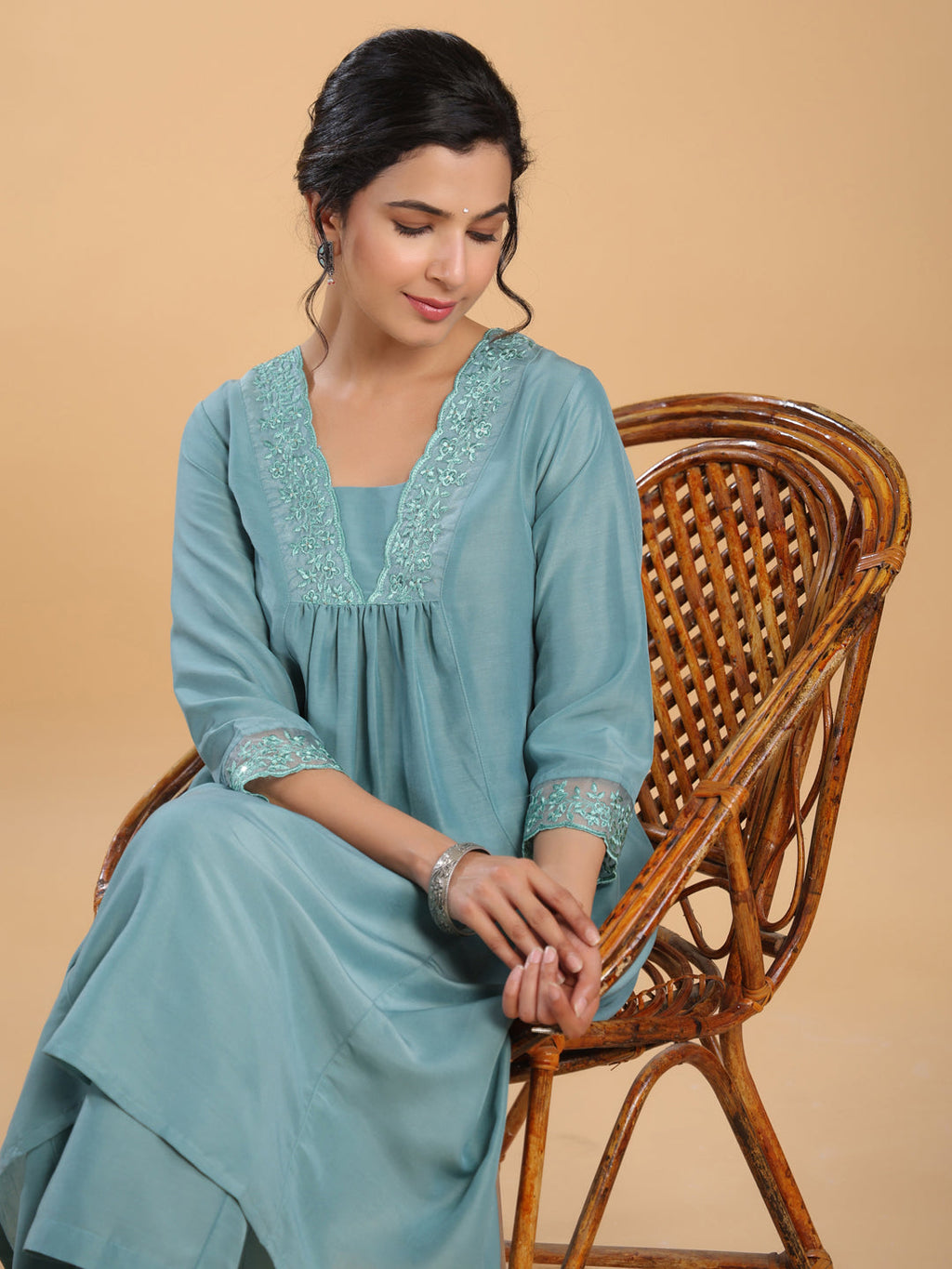 Janasya Gathering Muslin Sage Yoke Embroidery V-Neck Kurta Set | Grocsy