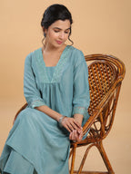 Janasya Gathering Muslin Sage Yoke Embroidery V-Neck Kurta Set | Grocsy