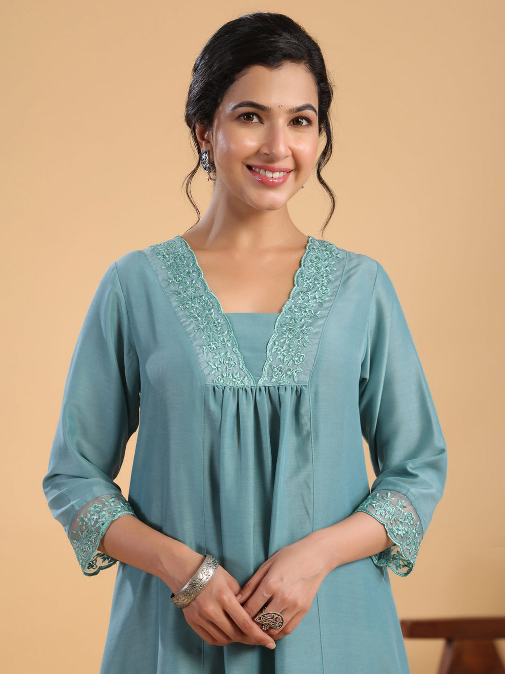 Janasya Gathering Muslin Sage Yoke Embroidery V-Neck Kurta Set | Grocsy
